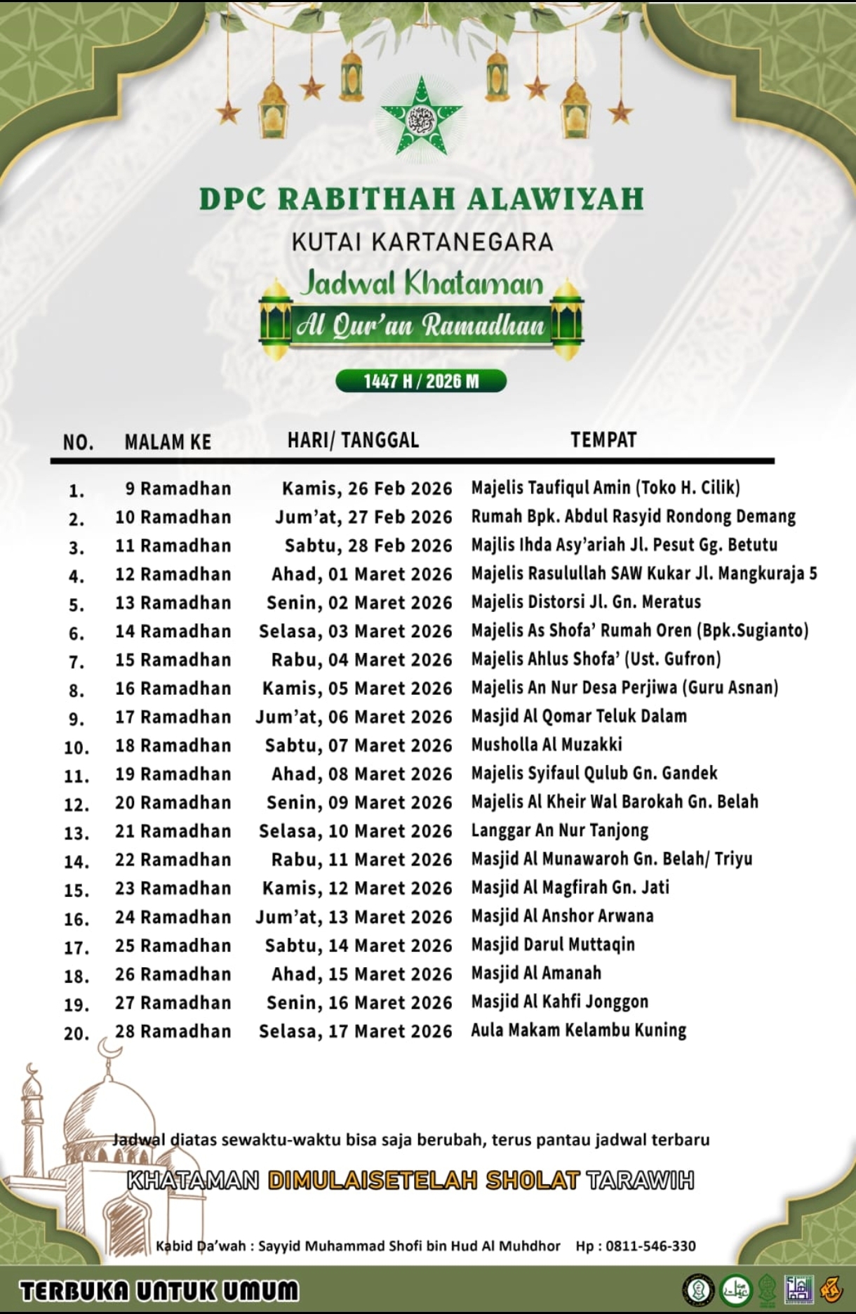 Mempererat Ukhuwah di Bulan Suci: Safari Khataman Al-Qur’an DPC Rabithah Alawiyah Kutai Kartanegara